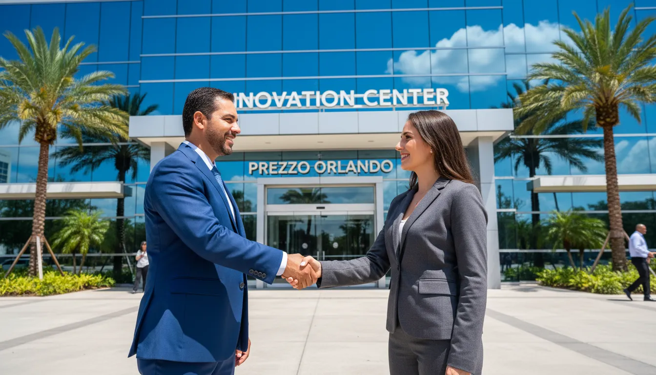 Empresário brasileiro bem-sucedido cumprimenta um consultor da Prezzo Consulting, simbolizando o apoio para como abrir empresa em Orlando e prosperar.