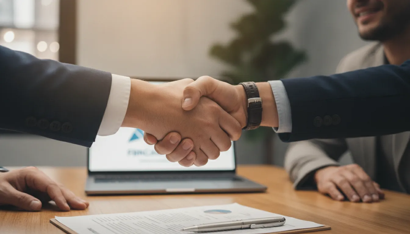 Consultor e caminhoneiro apertam as mãos, simbolizando solução para refinanciamento de caminhão com parcelas em atraso.