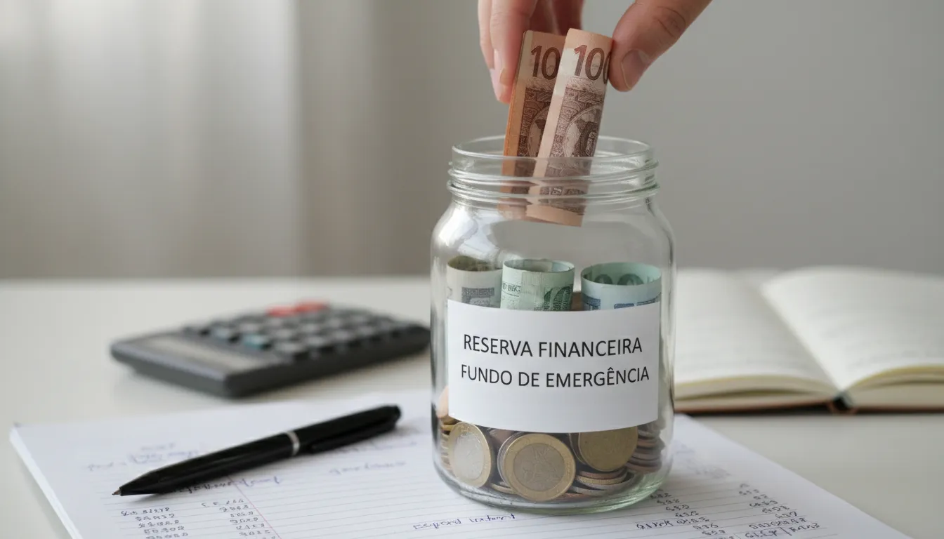 Mão depositando dinheiro em jarra de reserva financeira, simbolizando acumulação de poupança.
