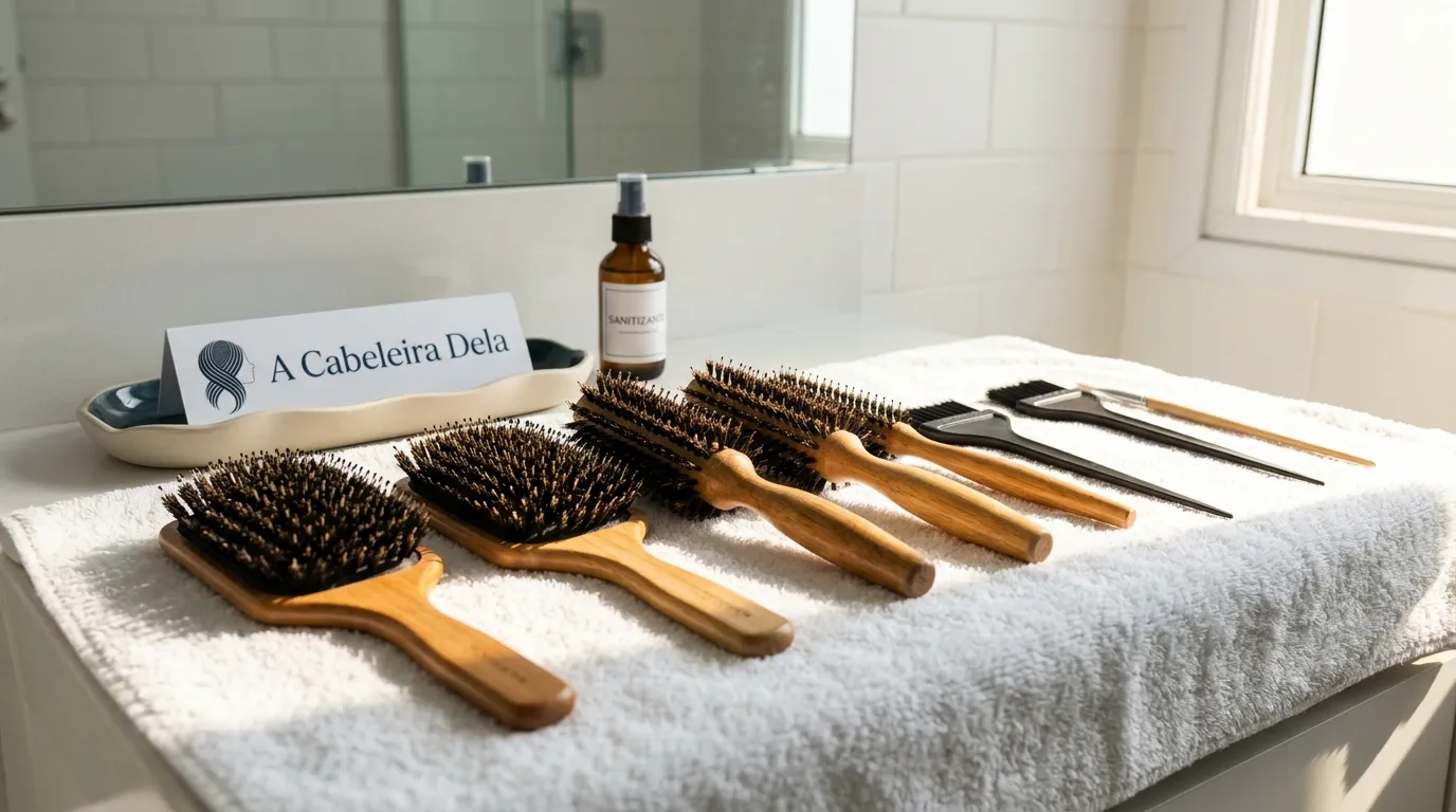 Escovas e pincéis higienizados secando sobre toalha macia após limpar escova de cabelo.