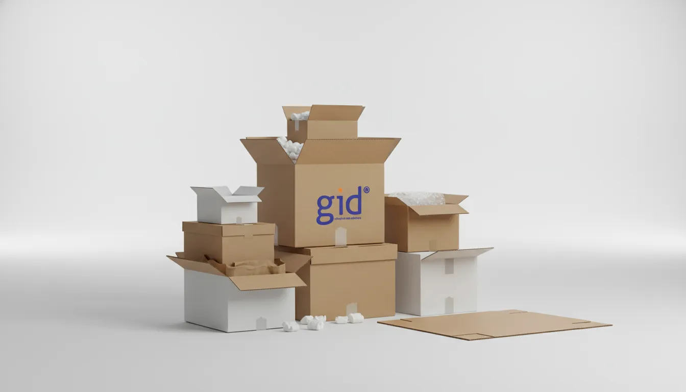 Diversas caixas embalagem de papelão ondulado montadas, mostrando a aplicação dos diferentes tipos de papelão. Logo da GID sutilmente visível.