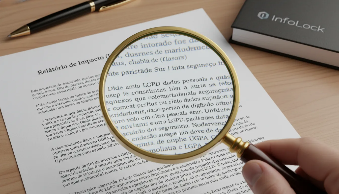 Lupa amplia detalhes de um relatório de impacto LGPD impresso, destacando cláusulas de privacidade de dados.