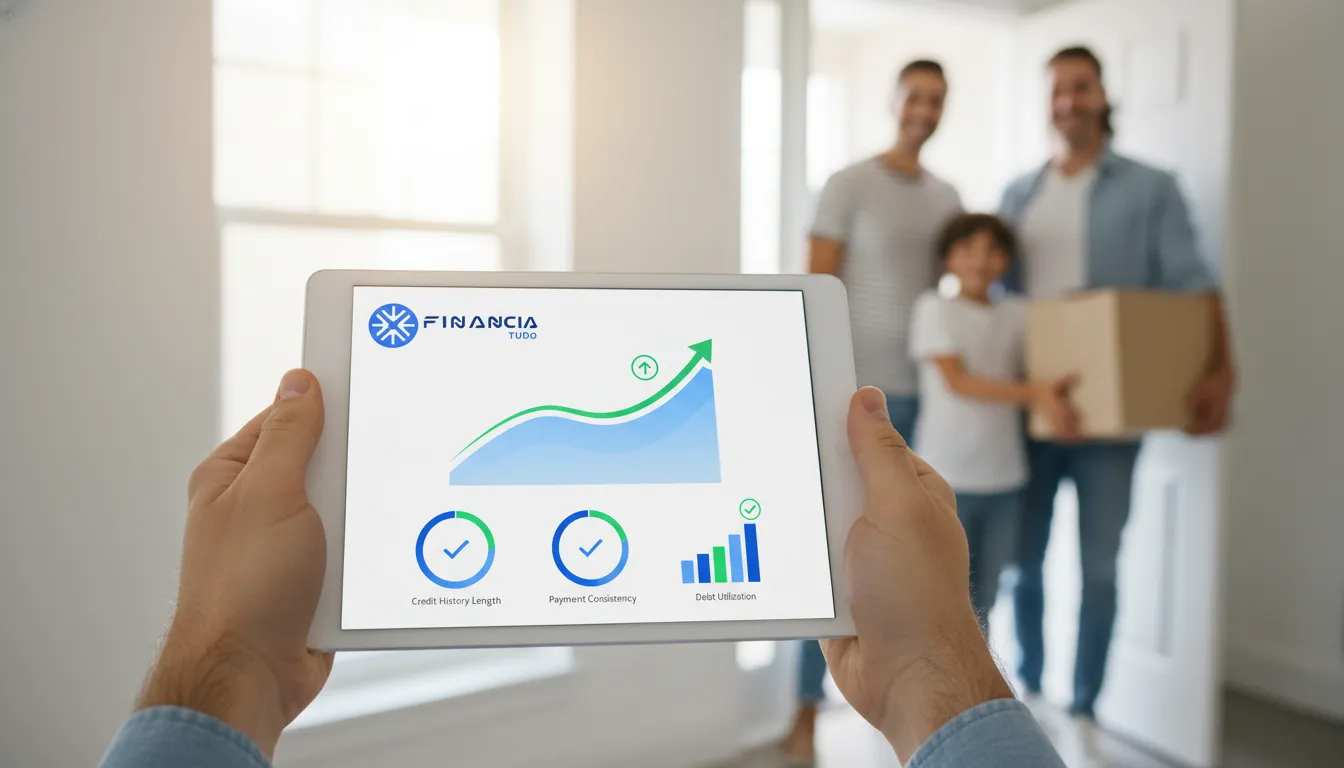 Mãos em tablet mostram score de crédito em alta, essencial para um bom financiamento imobiliário, com o apoio da Financia Tudo.