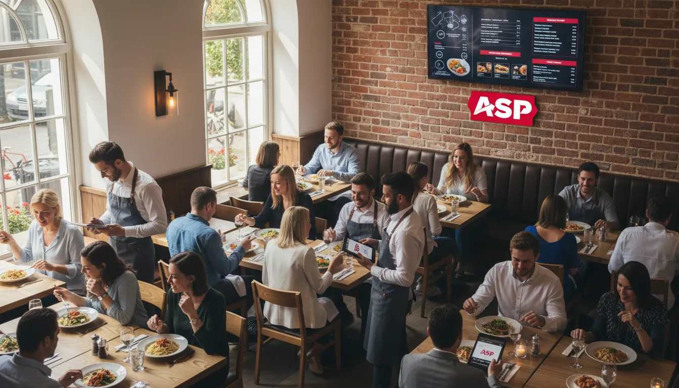 Garçons utilizando dispositivos móveis de ponto de venda em um restaurante movimentado, agilizando o atendimento e melhorando a experiência dos clientes.