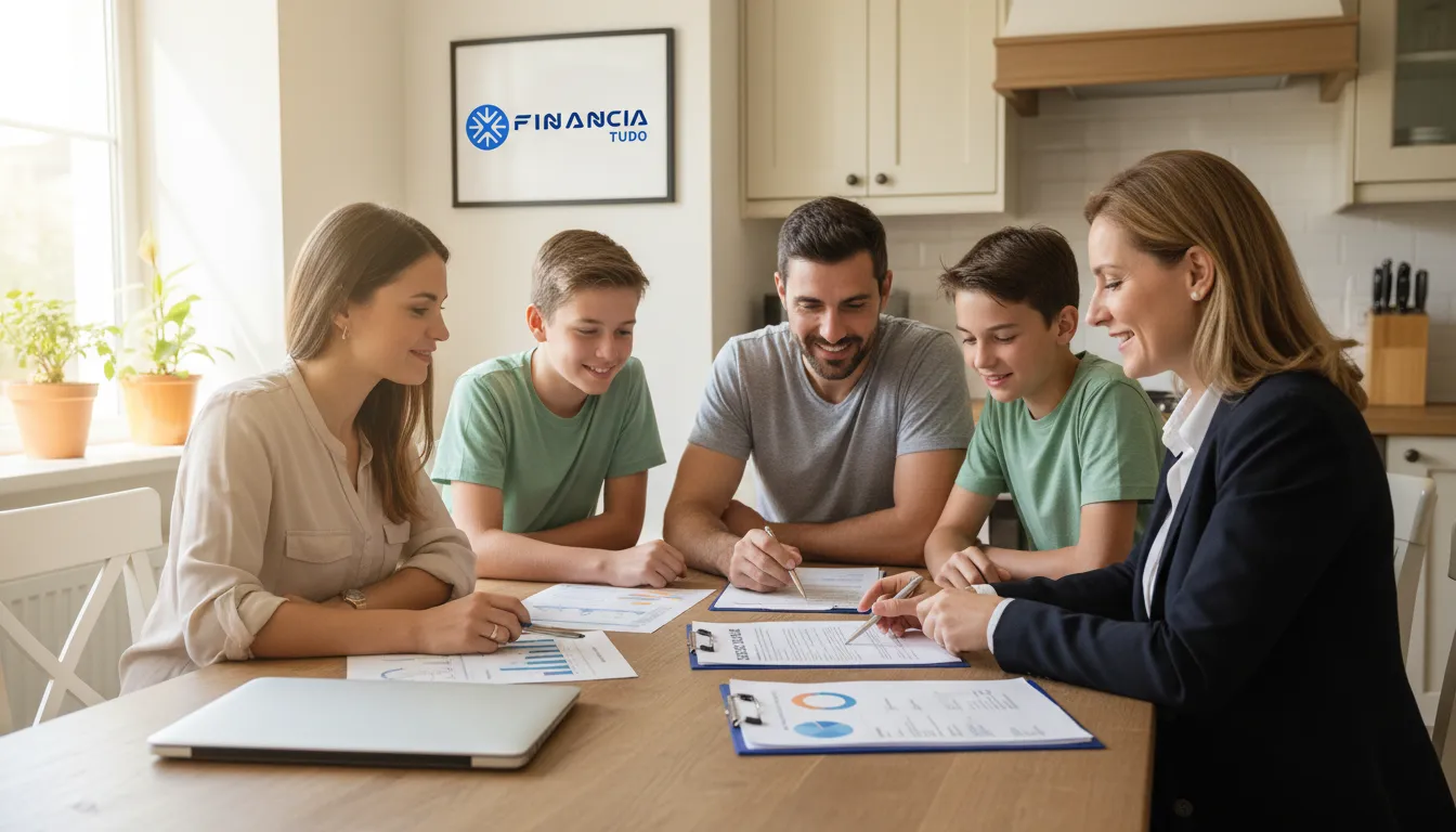 Família comemorando a aprovação do crédito com garantia de veículo para quitar dívidas, com auxílio da Financia Tudo.