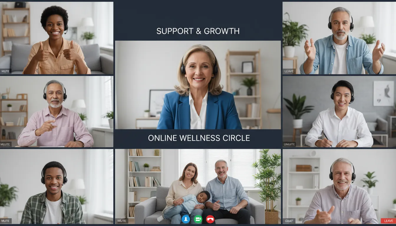 Grupo conectado com especialista online, mostrando apoio psicológico e motivação coletiva.