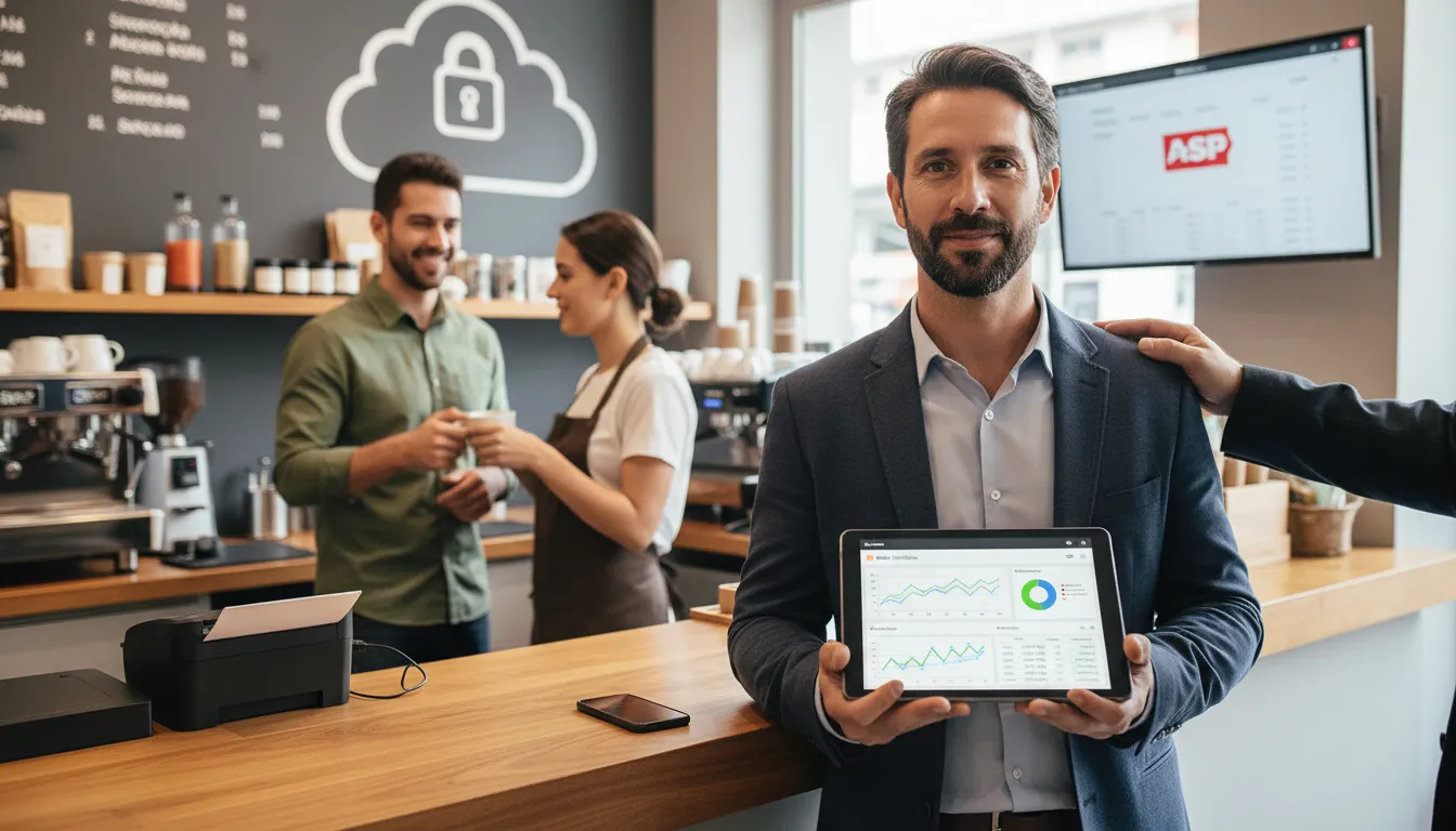 Empreendedor confiante gerencia negócio organizado, usufruindo de sistema que facilita como emitir NF-e pelo celular e otimiza finanças.
