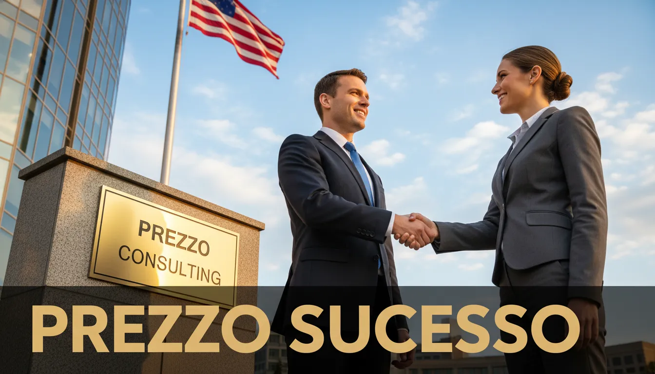 Parceria de sucesso selada com um aperto de mãos em frente ao escritório da Prezzo Consulting, representando segurança financeira e crescimento. O melhor Contador em Orlando para o seu negócio.
