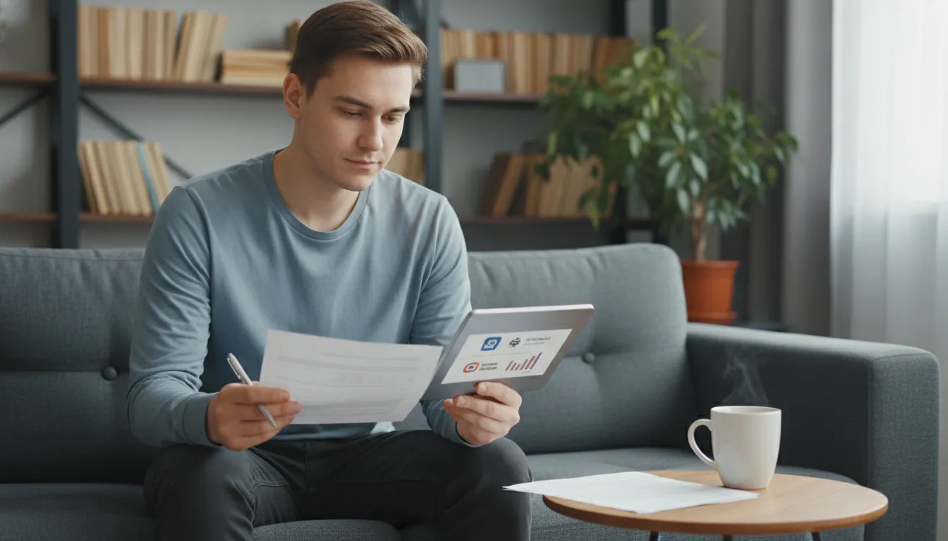 Pessoa em casa compara opções de crédito em tablet, praticando planejamento financeiro crédito responsável.