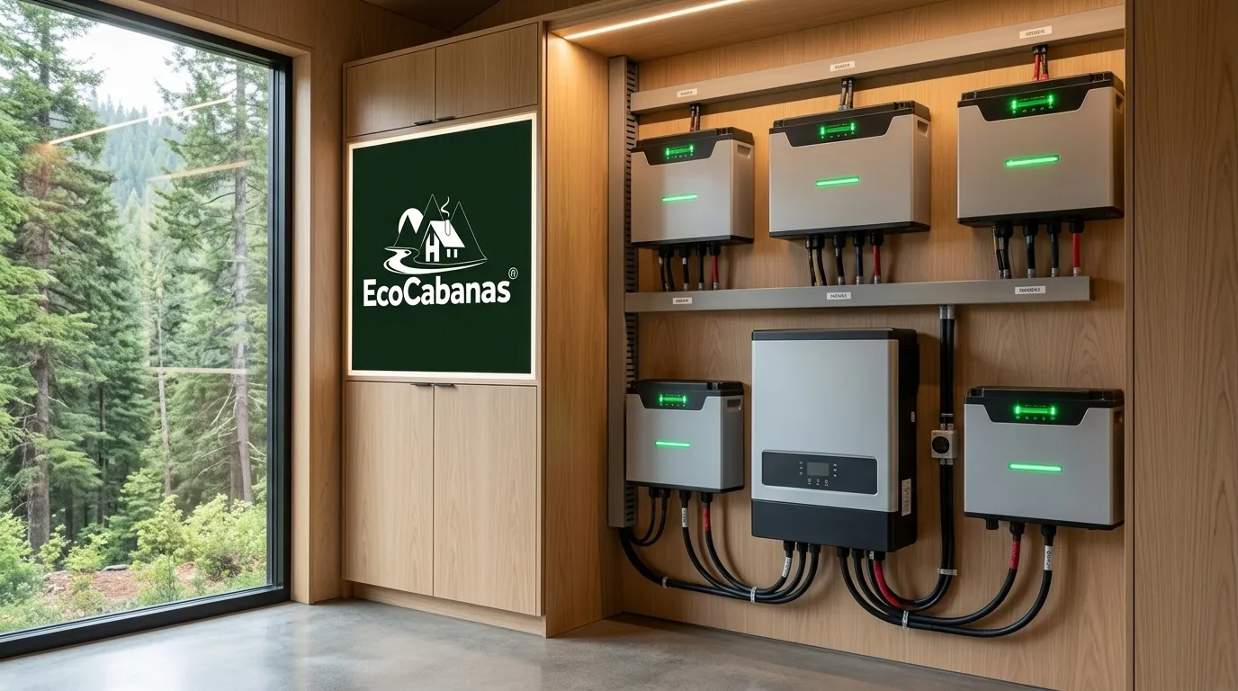 Baterias e inversores de um sistema de energia solar off grid dentro de cabana.