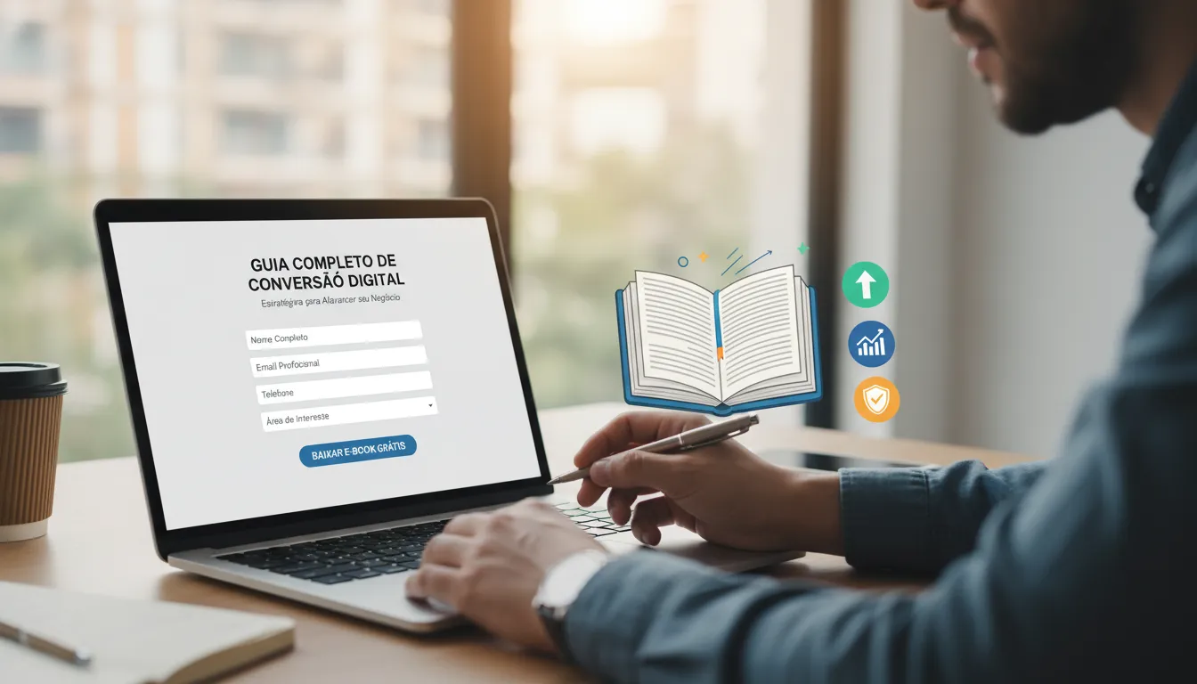 Estrutura Pronta de Landing Page de Captura para E-book 1 Usuário preenchendo formulário para download de e-book em notebook com gráficos de engajamento ao fundo.