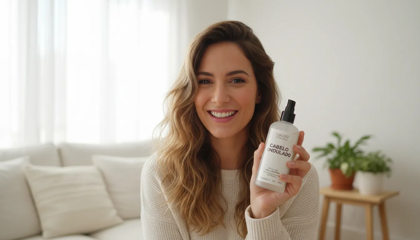 Mulher sorrindo e segurando um produto para controle de frizz em seus cabelos ondulados tipo 2A, em um ambiente iluminado. Destaque para o cuidado e a beleza do cabelo ondulado.