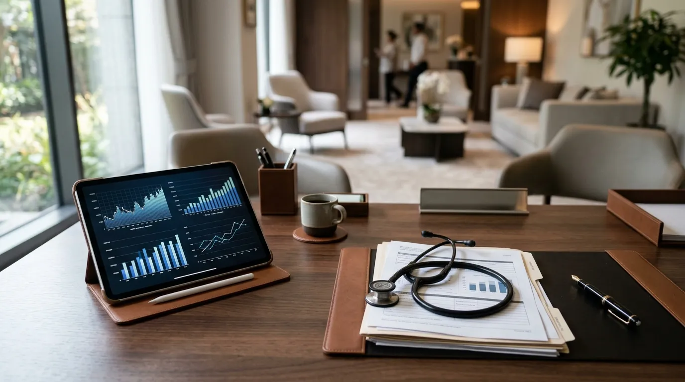 Relatório financeiro e estetoscópio avaliando Simples Nacional híbrido para médicos: vale a pena em 2027?