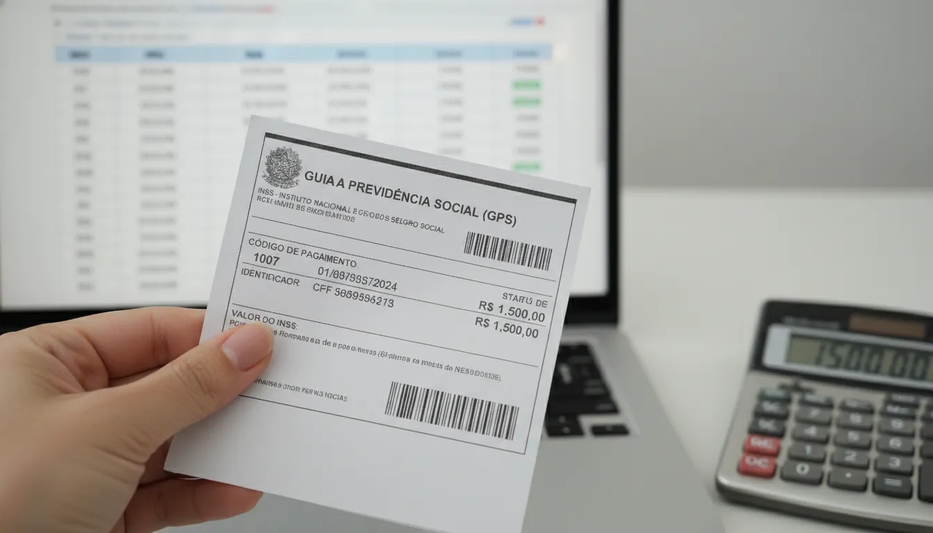 Pessoa segurando Guia da Previdência Social preenchida ao lado de computador e calculadora.