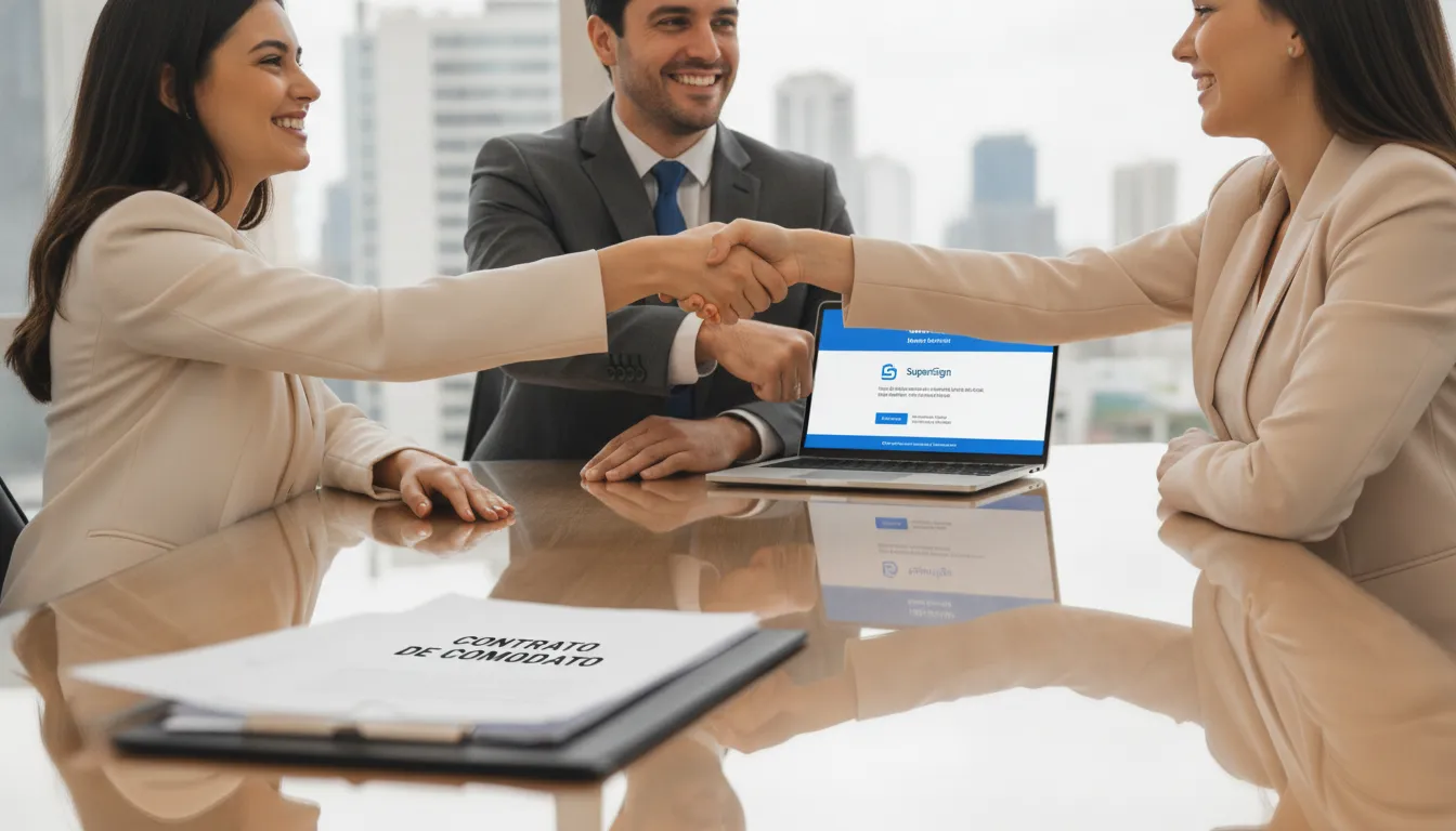 Pessoas apertam mãos após assinar contrato de comodato, com SuperSign no laptop, celebrando acordo legal.