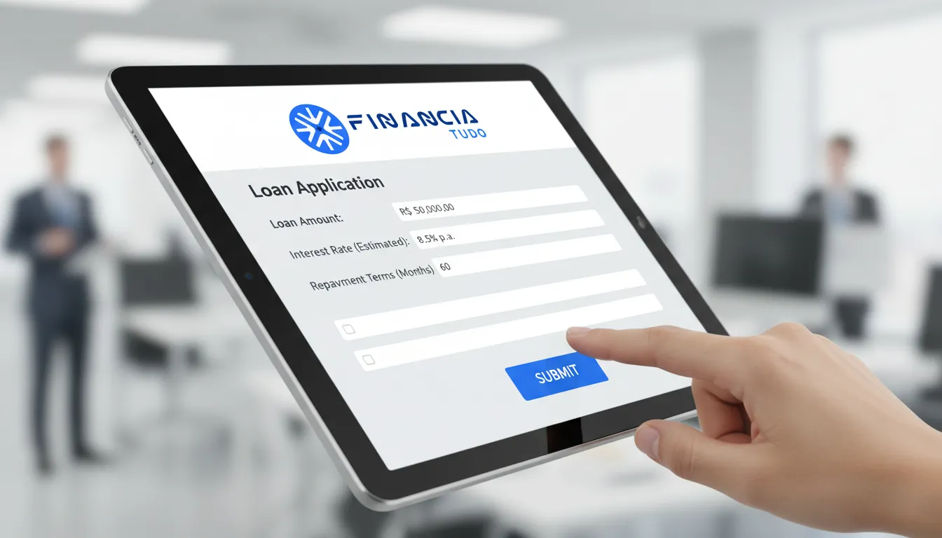 Formulário de solicitação de financiamento de ônibus da Financia Tudo sendo preenchido em um tablet, pronto para envio.