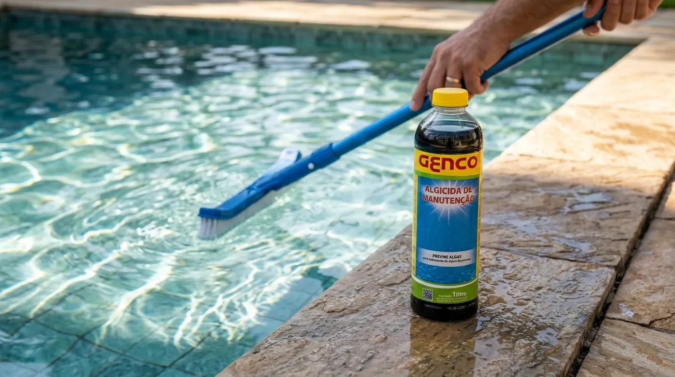 Uso correto do algicida piscina para evitar água verde e manchas nas bordas.