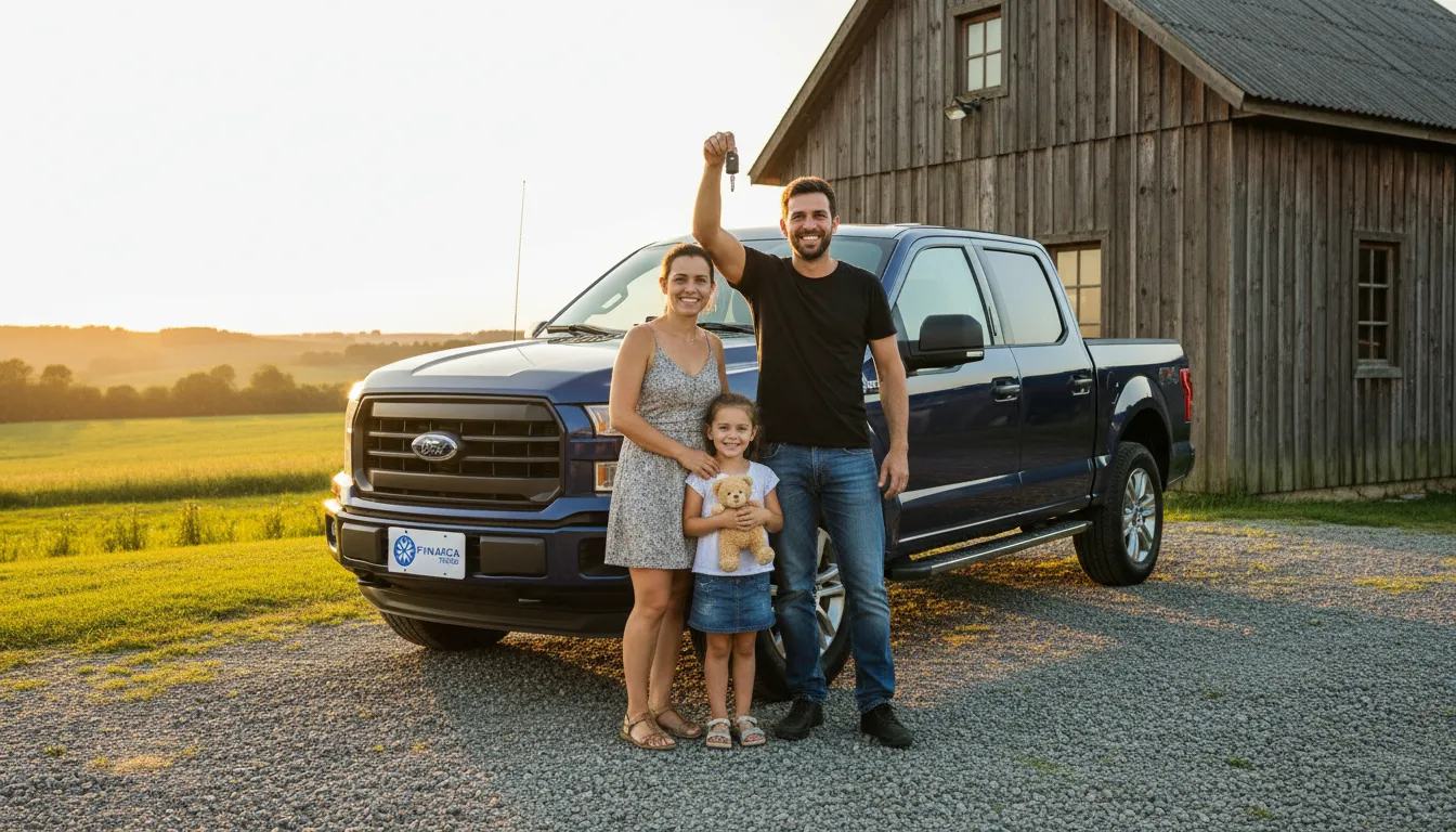 Família feliz ao lado de caminhão usado financiado com a Financia Tudo. Conquiste seus objetivos!