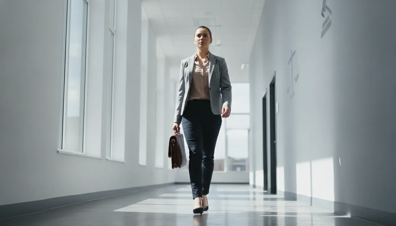 Mulher determinada caminhando em corredor de tribunal, buscando justiça após cat acidente de trabalho.
