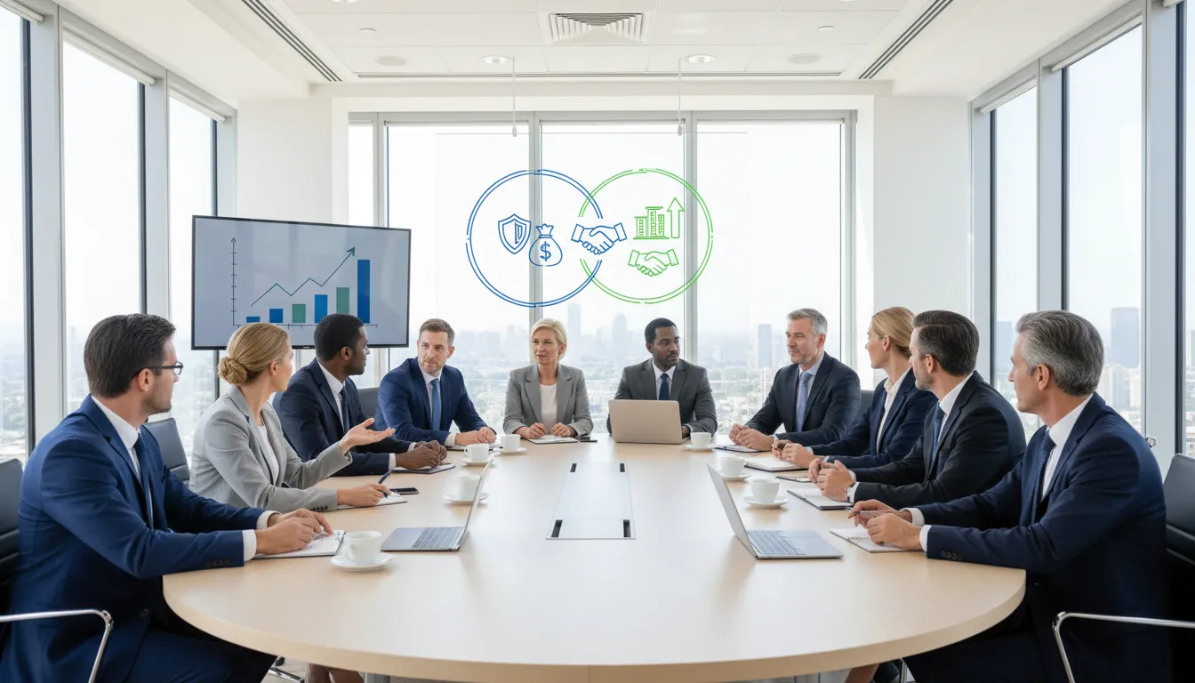 Profissionais discutindo os benefícios de uma LLC ou Corporation, com foco nas vantagens e desvantagens de cada modelo.