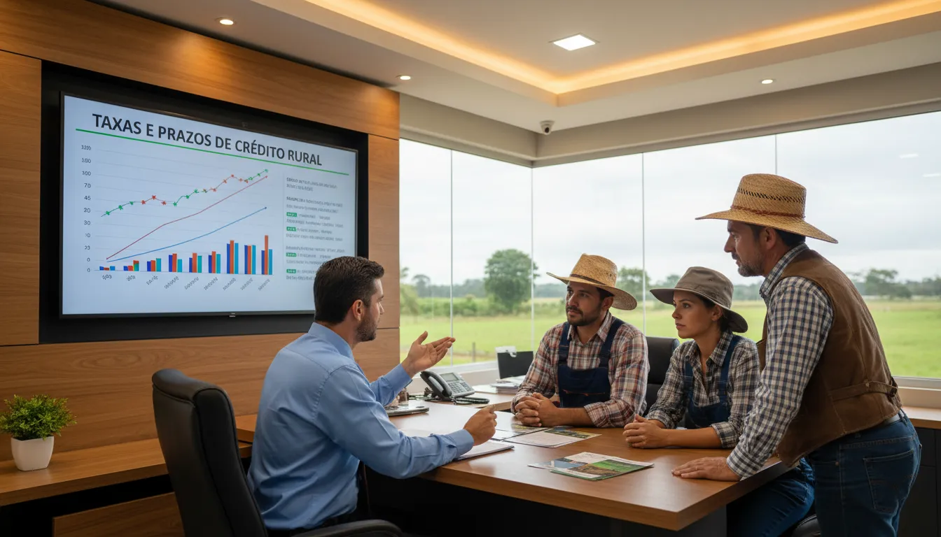 Gerente apresenta opções de crédito rural para produtores agrícolas em agência moderna