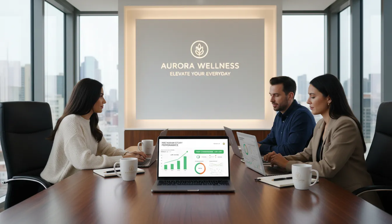 Equipe de marketing analisando métricas e performance de links no Instagram Stories em ambiente premium.