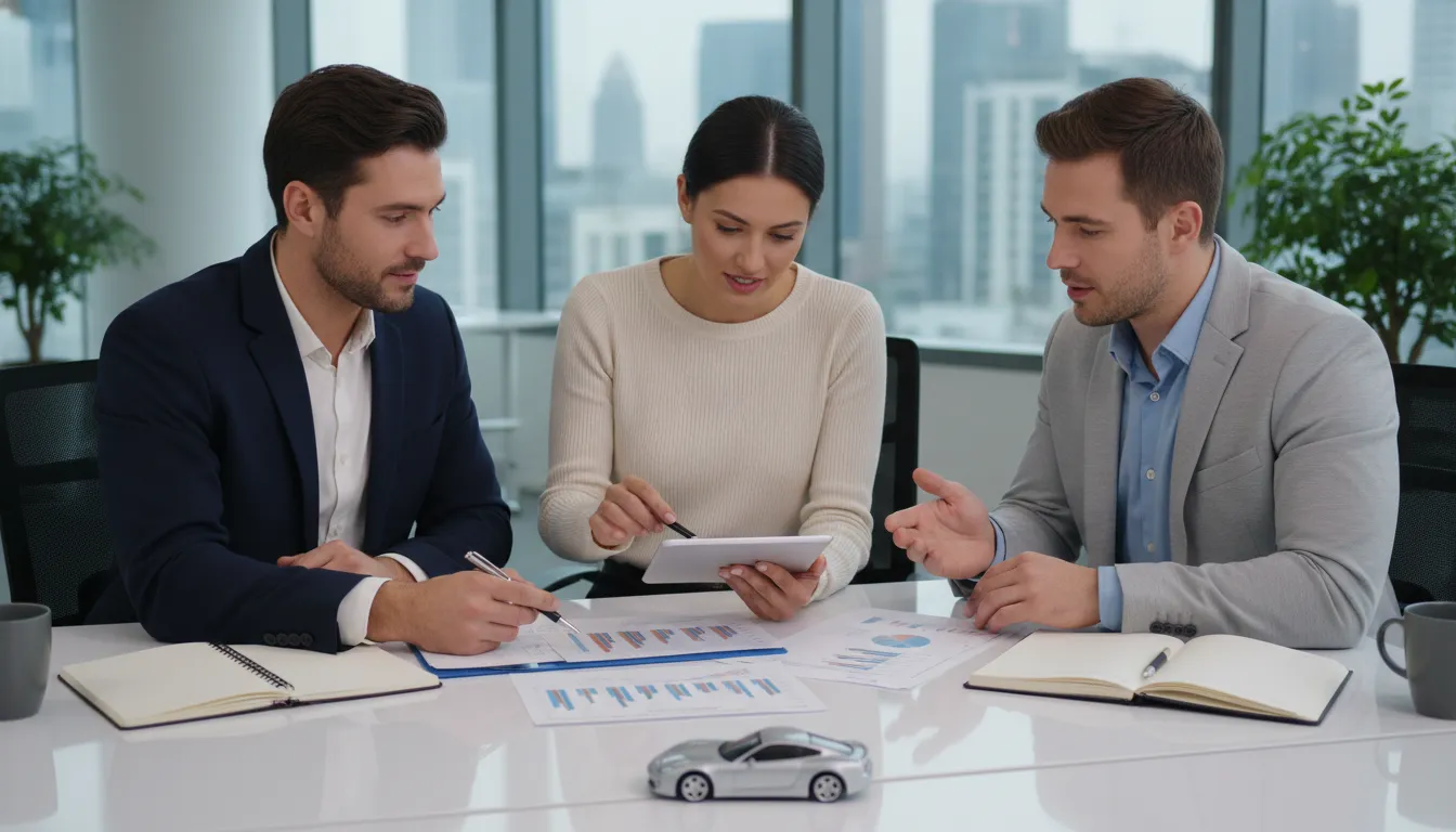 Grupo discutindo planejamento financeiro e vantagens proteção veicular com assessoria especializada.