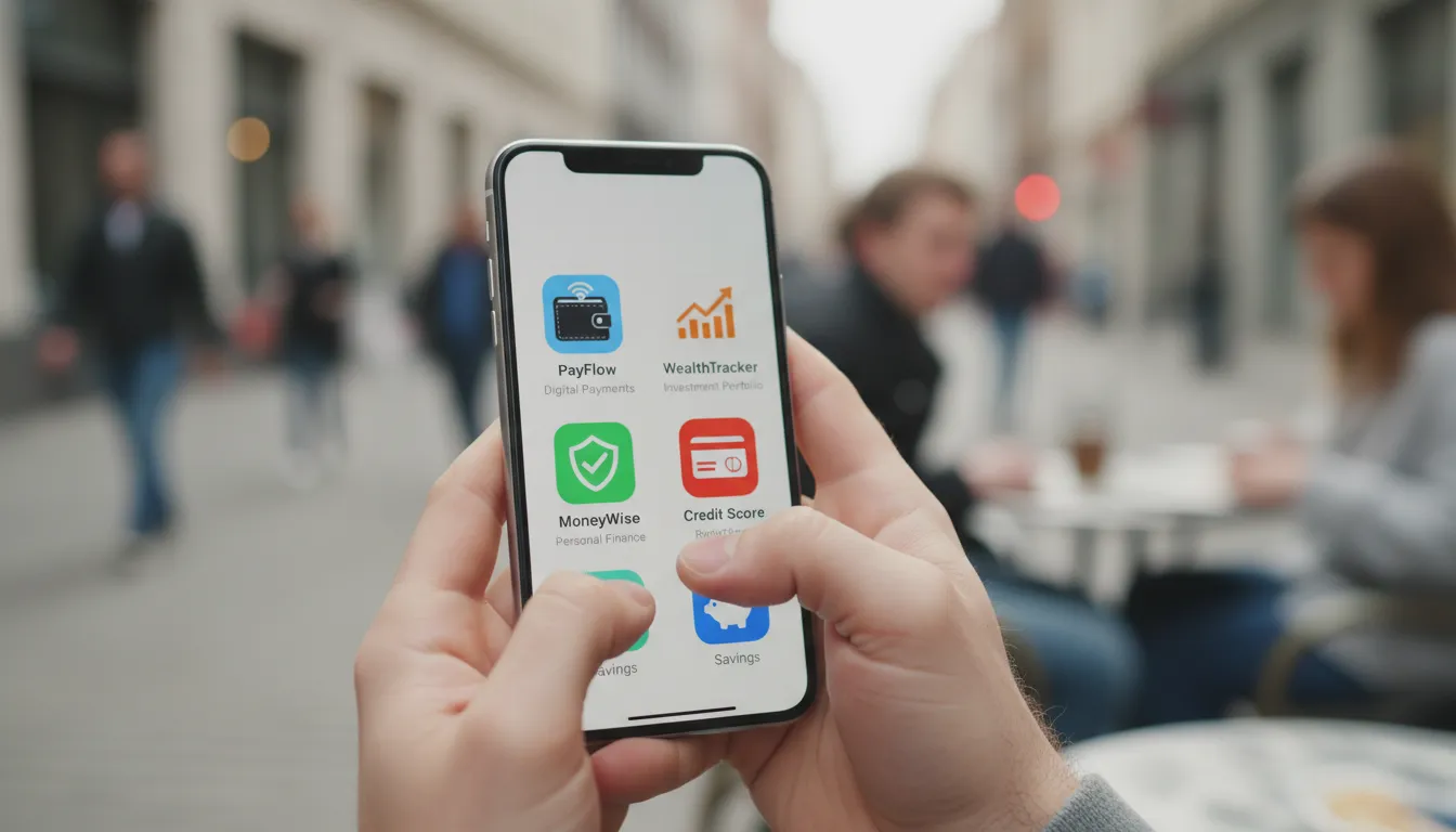 Smartphone mostrando aplicativos financeiros digitais usados por um brasileiro em cenário urbano.