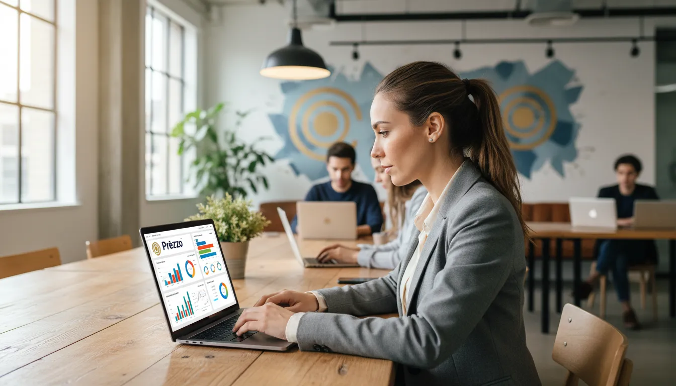 Empreendedor usando laptop com dashboard da Prezzo Contábil, um Escritório de Contabilidade em São Paulo, visualizando dados financeiros.