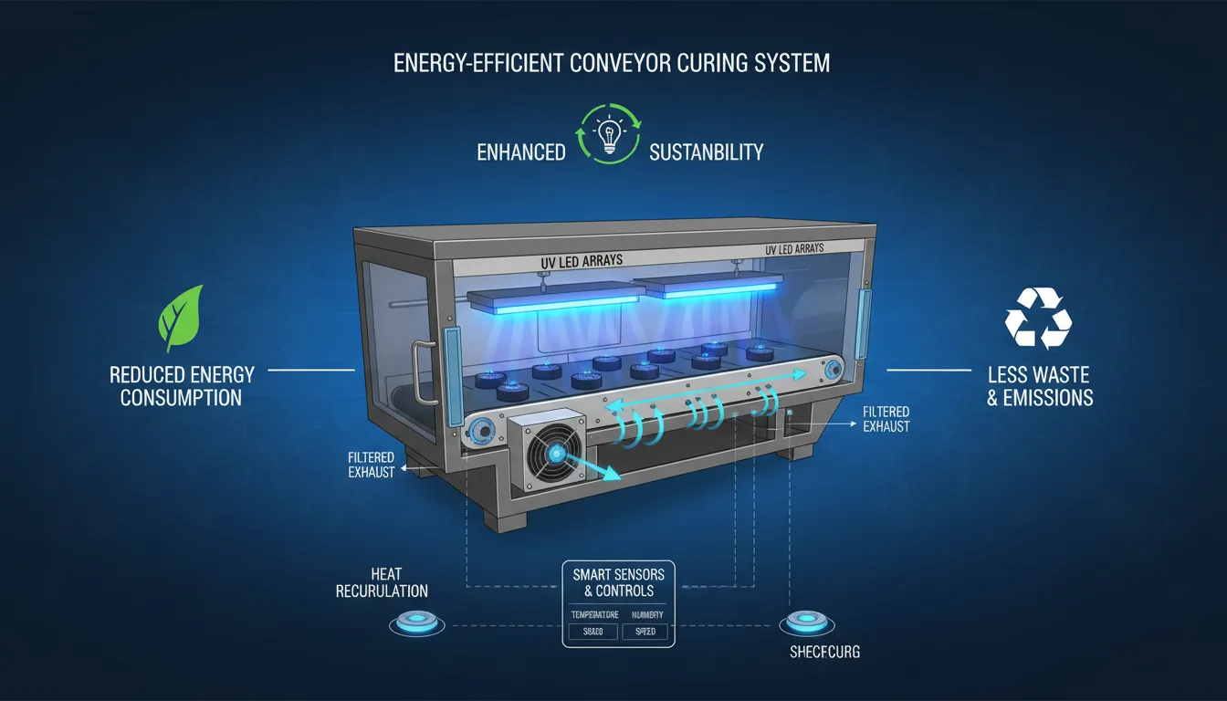Infográfico destaca eficiência energética e sustentabilidade em sistemas de cura contínua com esteira.
