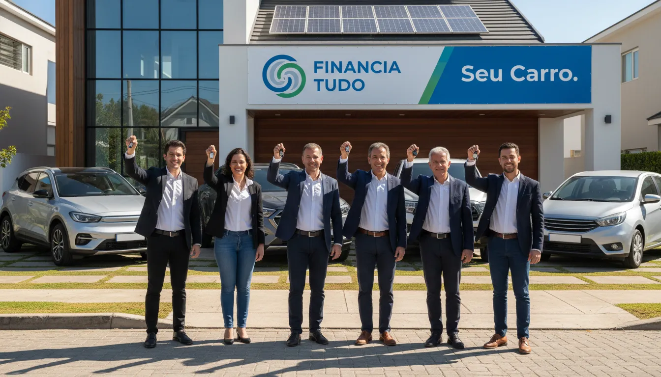 Grupo diverso de pessoas celebrando a conquista do financiamento de veículo sem entrada, simbolizando a facilidade de acesso ao crédito pela Financia Tudo.