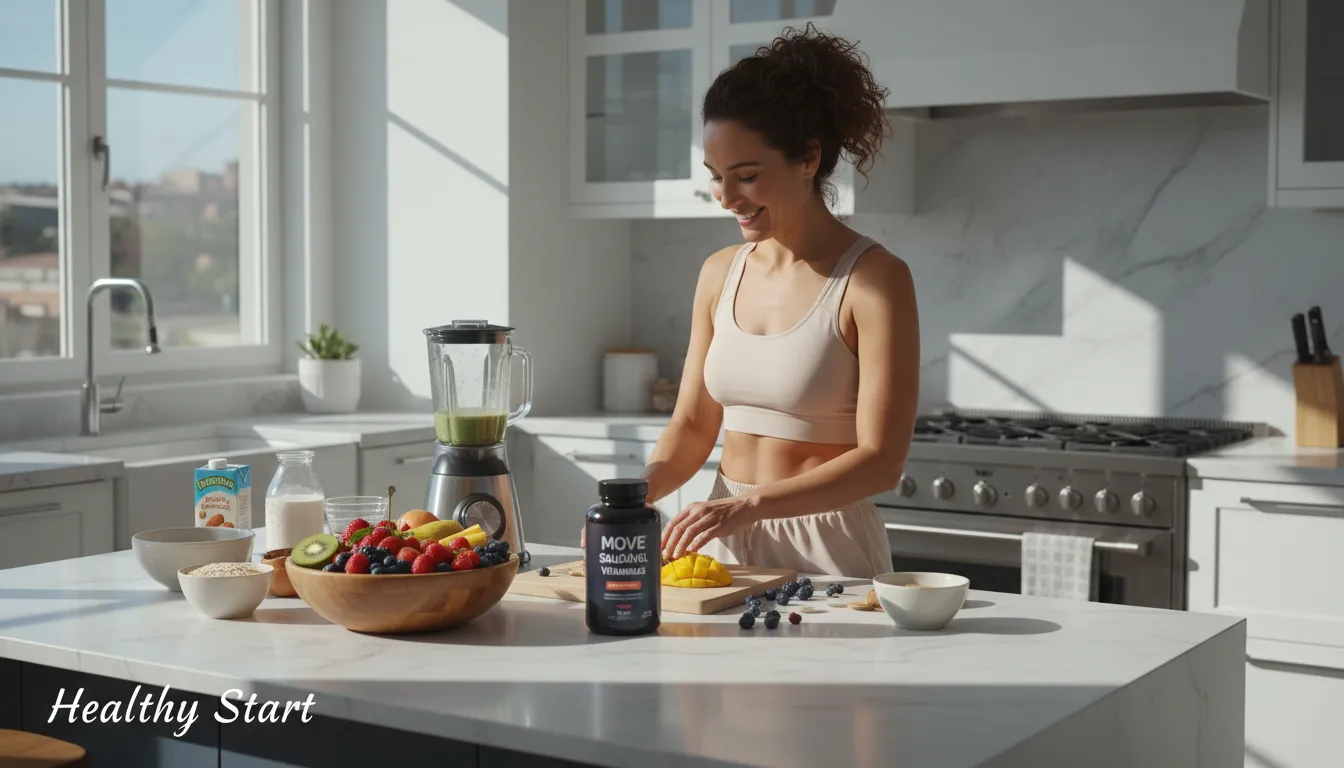 Mulher preparando café da manhã saudável, destacando as melhores vitaminas para imunidade, com frutas e suplementos na cozinha.