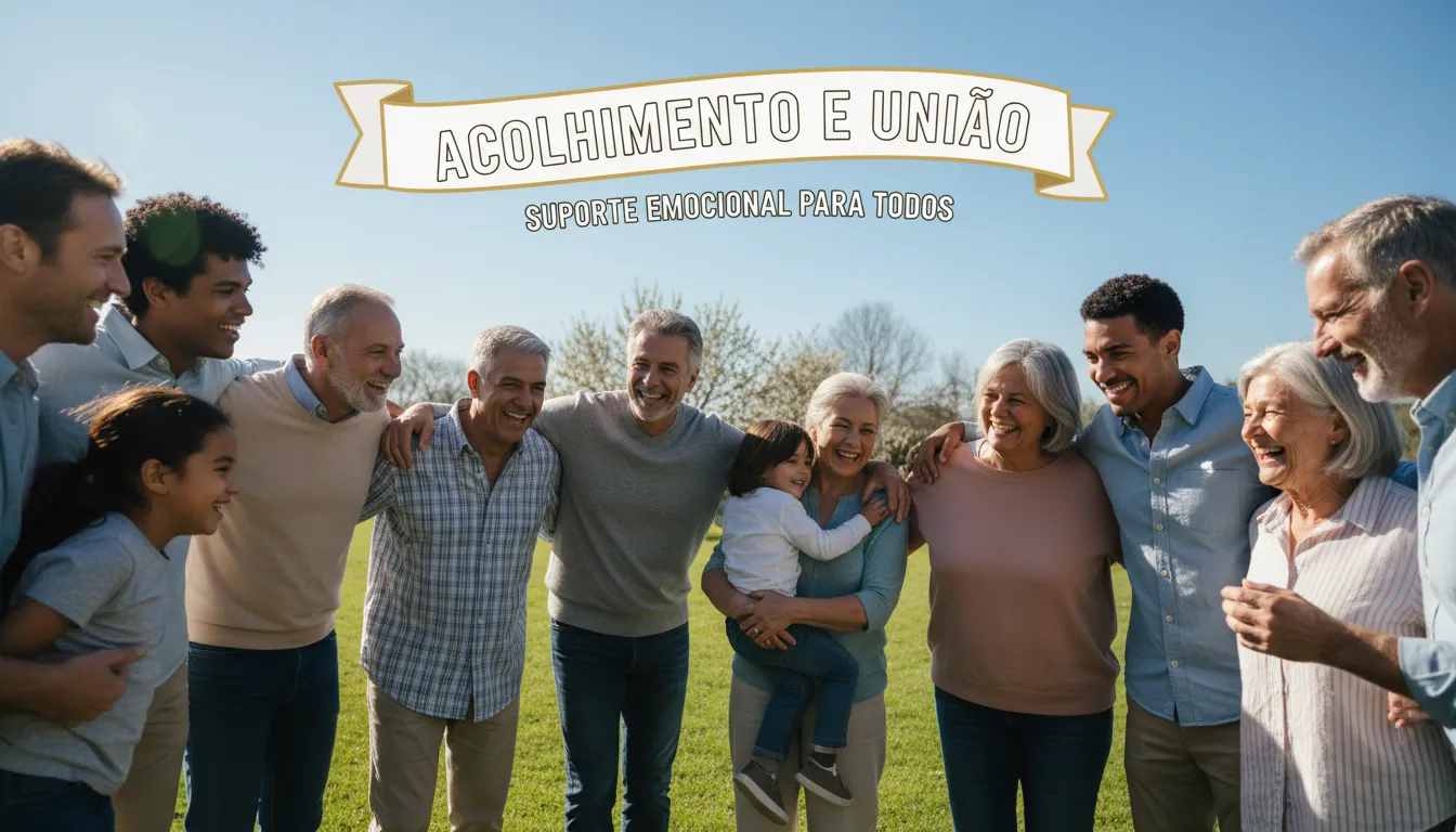 Grupo diverso se abraçando ao ar livre, transmitindo acolhimento e suporte emocional