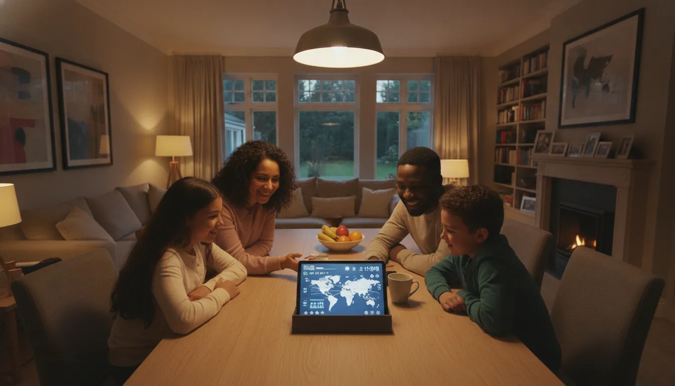 Família feliz planejando futuro financeiro em casa, evitando erros financeiros emocionais com estabilidade.