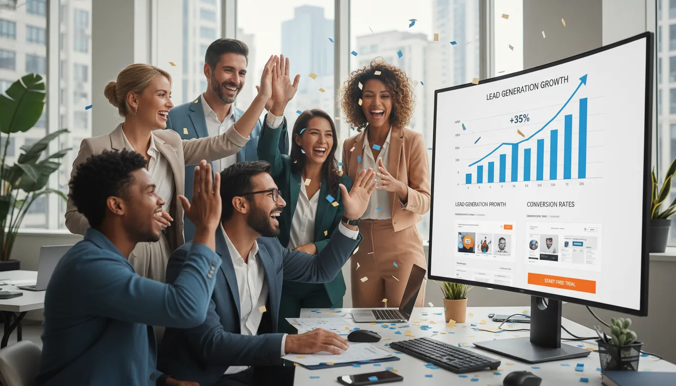 Estrutura Pronta de Landing Page de Captura para E-book 3 Equipe digital celebrando resultados de landing page com gráficos de crescimento e layout de conversão na tela.