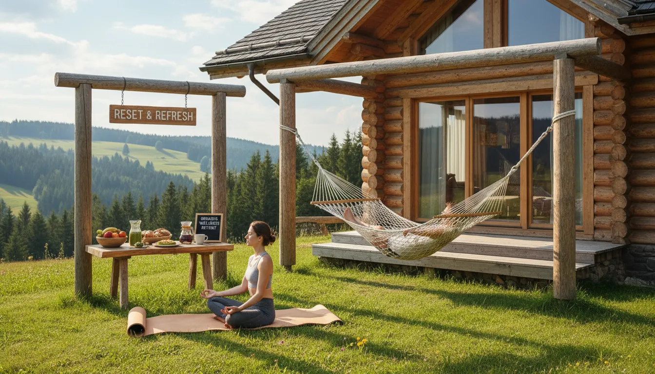 Hóspede desfrutando de bem-estar e natureza ao lado de cabana premium