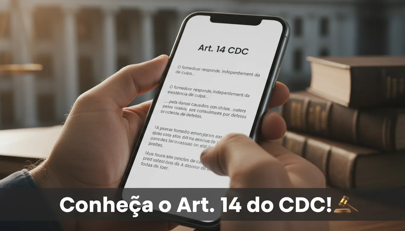 Detalhe de mãos segurando um smartphone, exibindo o Art. 14 do CDC e os direitos do consumidor. Busca por informações legais.