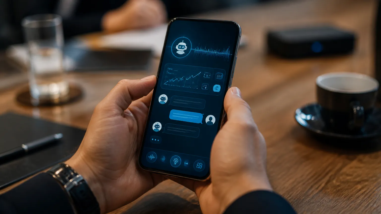 Interface profissional de app mobile para gestão comercial e atendimento ao cliente em tempo real.