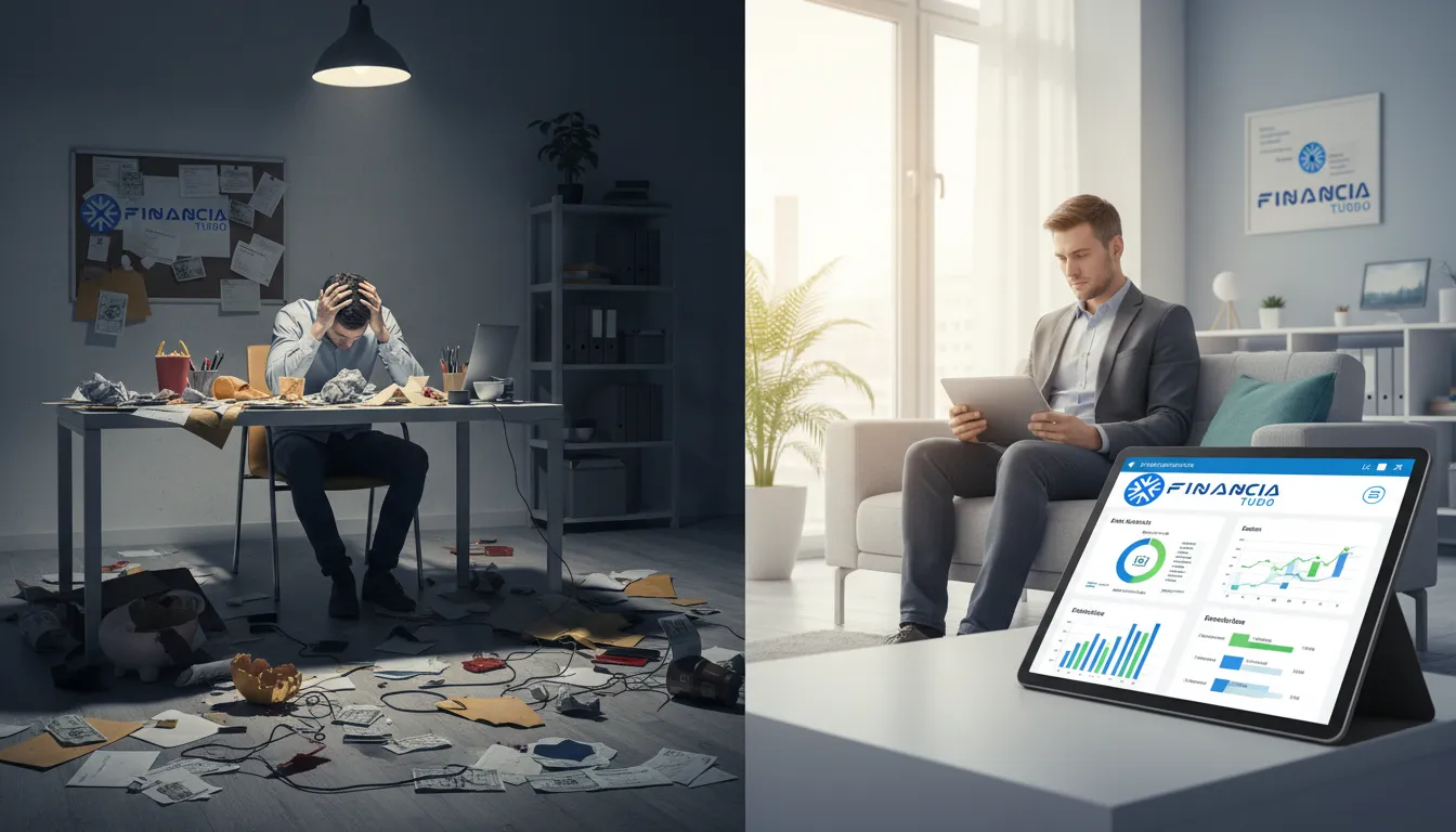 Comparativo visual: caos financeiro versus planejamento com Financia Tudo para acesso facilitado a crédito rápido.