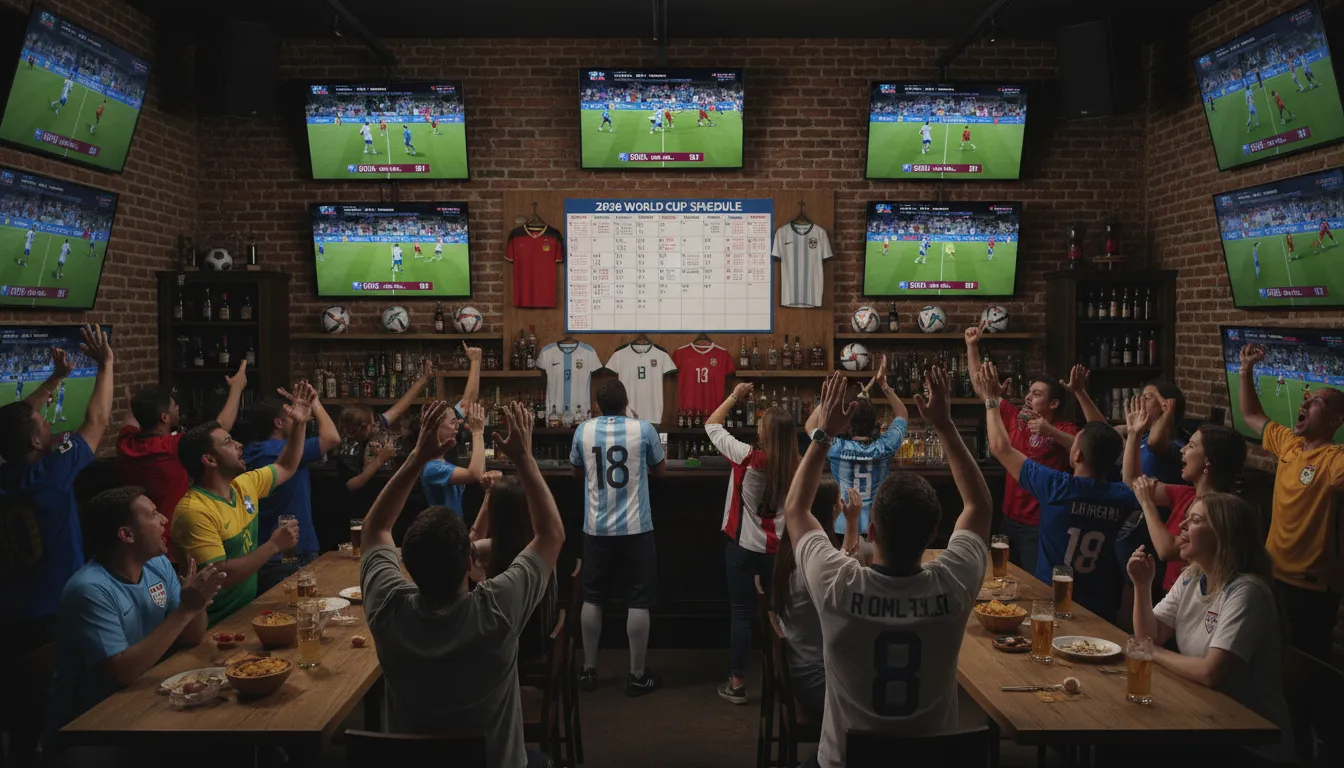 Torcedores comemorando em um bar, acompanhando o calendário da copa do mundo 2026.