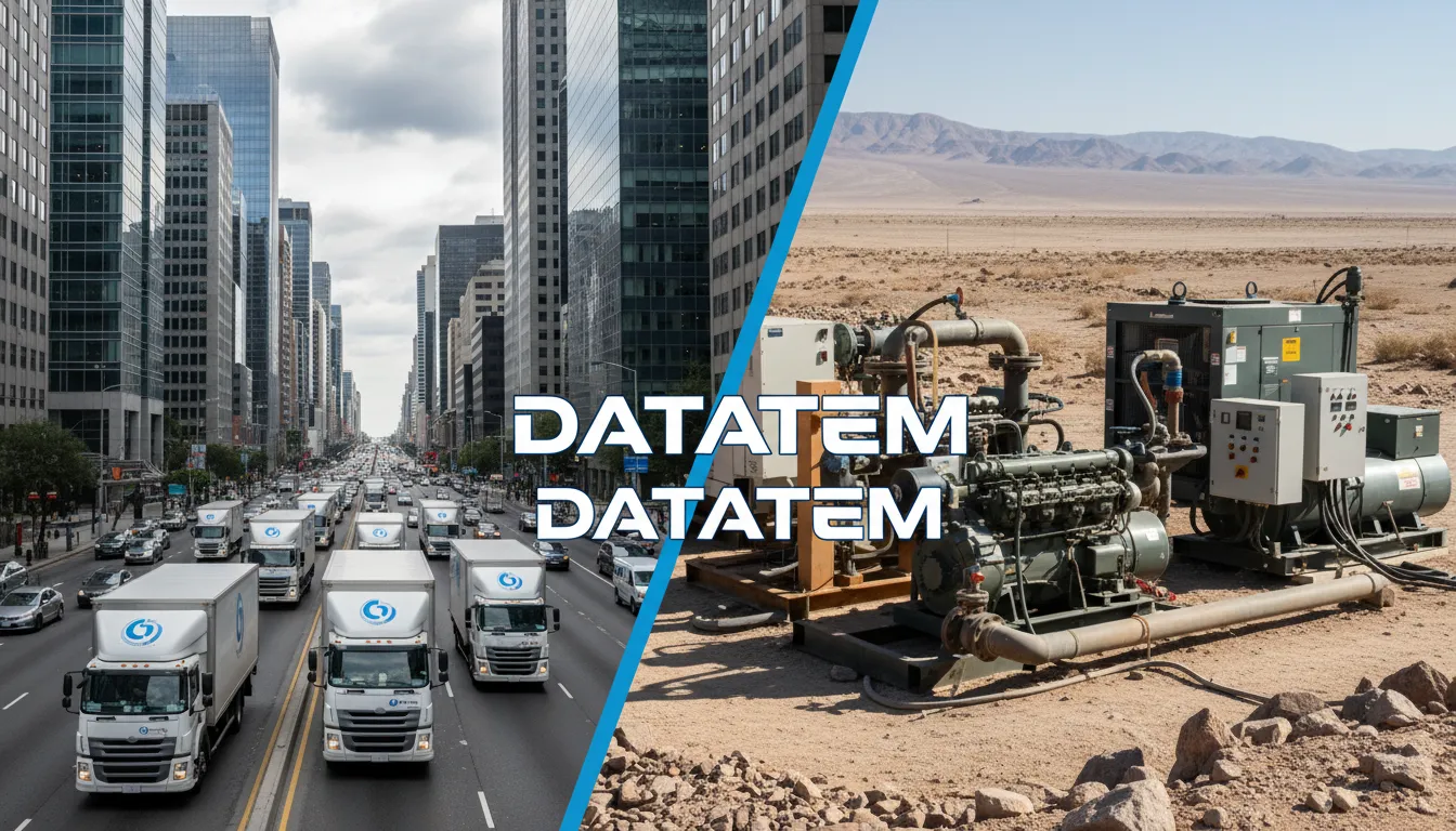 Imagem dividida mostrando a gestão de ativos de frota e o monitoramento de equipamentos estáticos, ambos conectados pela solução Datatem.