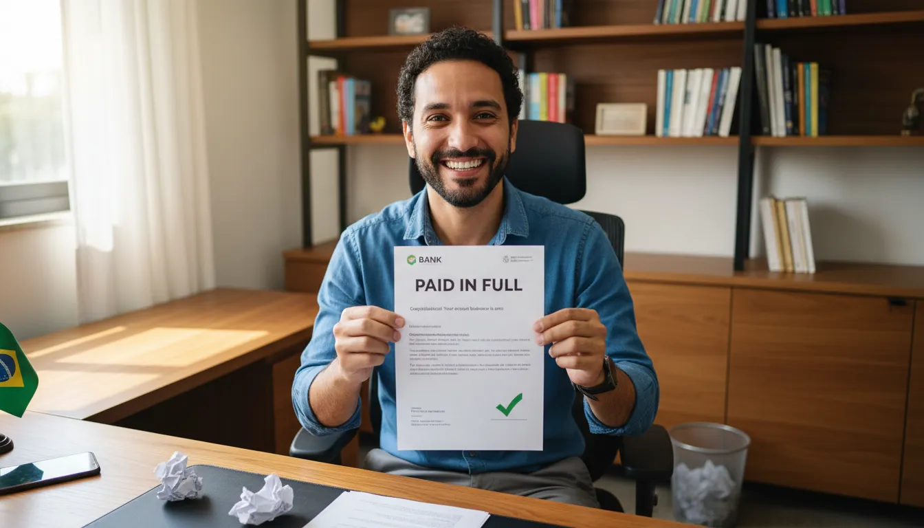 Homem brasileiro comemorando alívio após quitar dívidas, segurando comprovante de pagamento