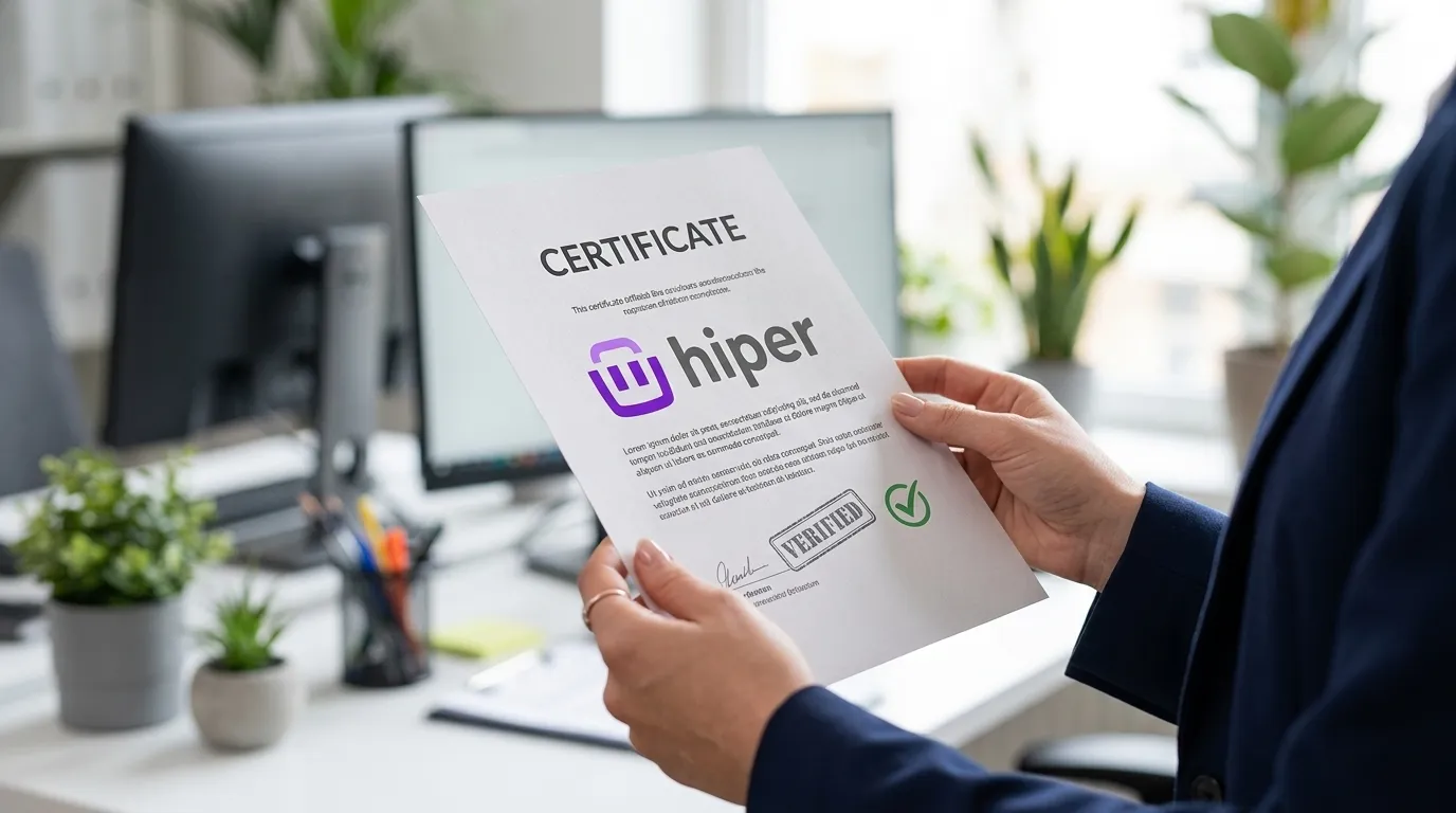 Mãos segurando documento de certidão negativa de débitos fiscais em ambiente corporativo.