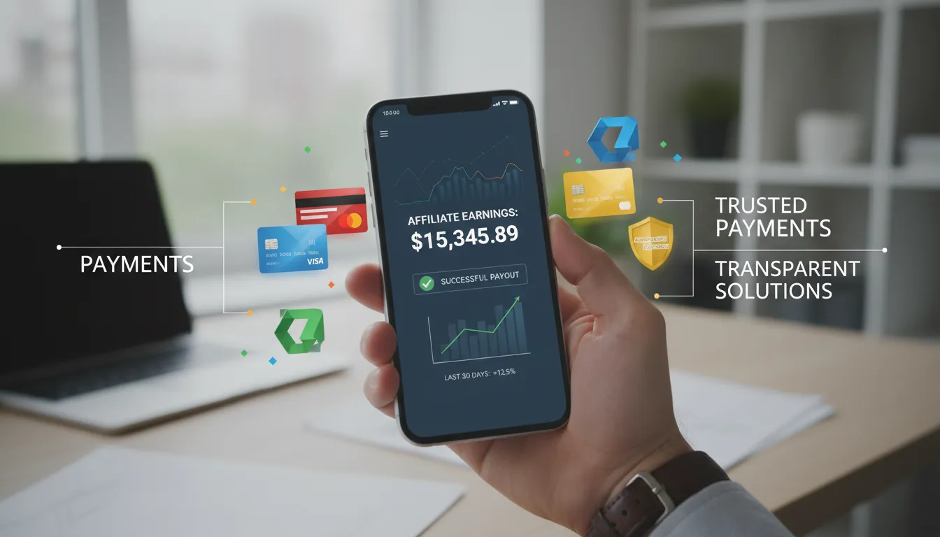Tela de smartphone exibindo ganhos de afiliado e ícones de soluções financeiras confiáveis