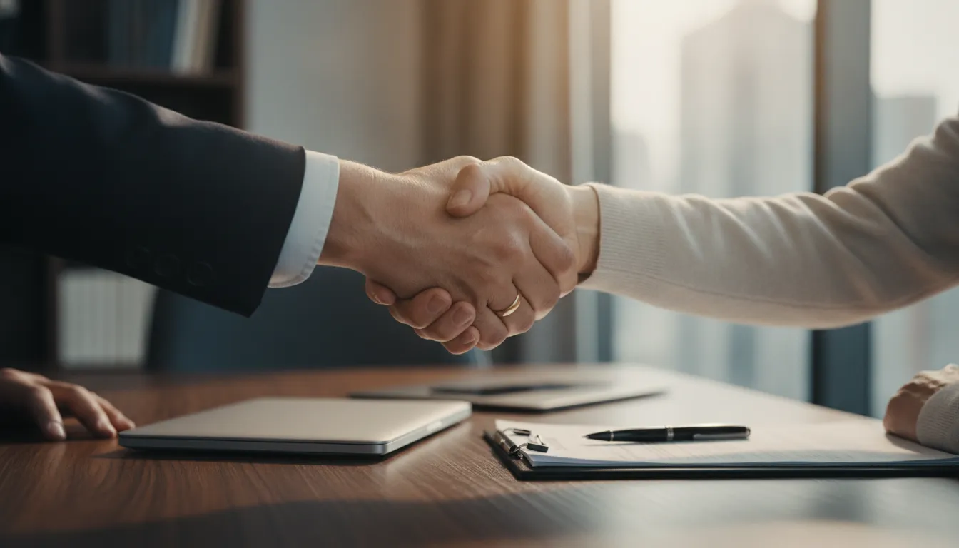 Advogado em Forquilhinha apertando mão de cliente, simbolizando acordo e confiança.