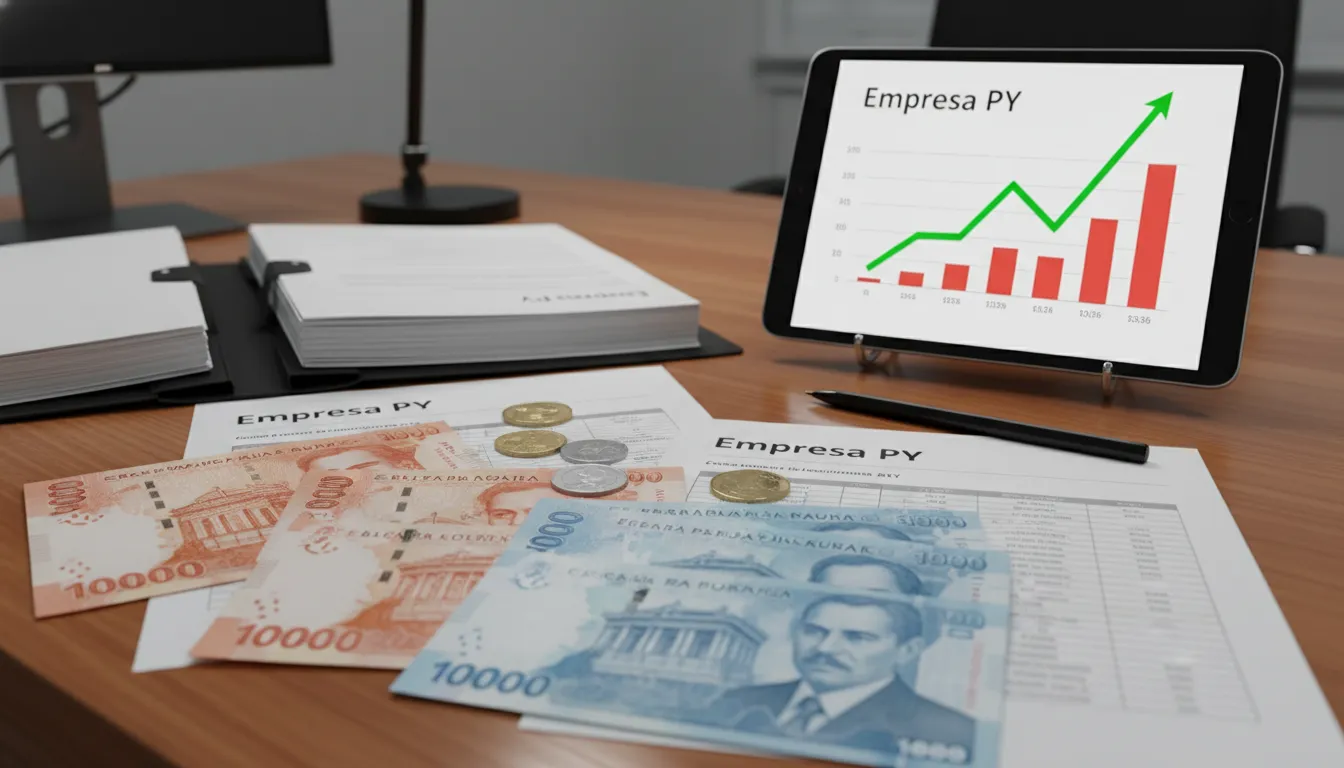 Imagem ilustrativa de documentos e moeda paraguaia, representando visualmente como abrir empresa no paraguai e gerenciar as finanças.