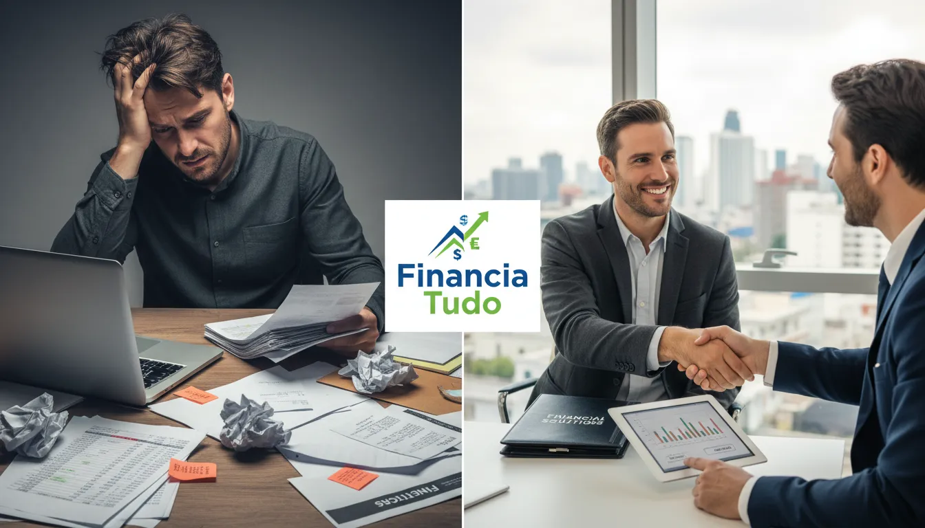 Comparativo de antes e depois de receber consultoria da Financia Tudo, mostrando o impacto positivo da educação financeira.