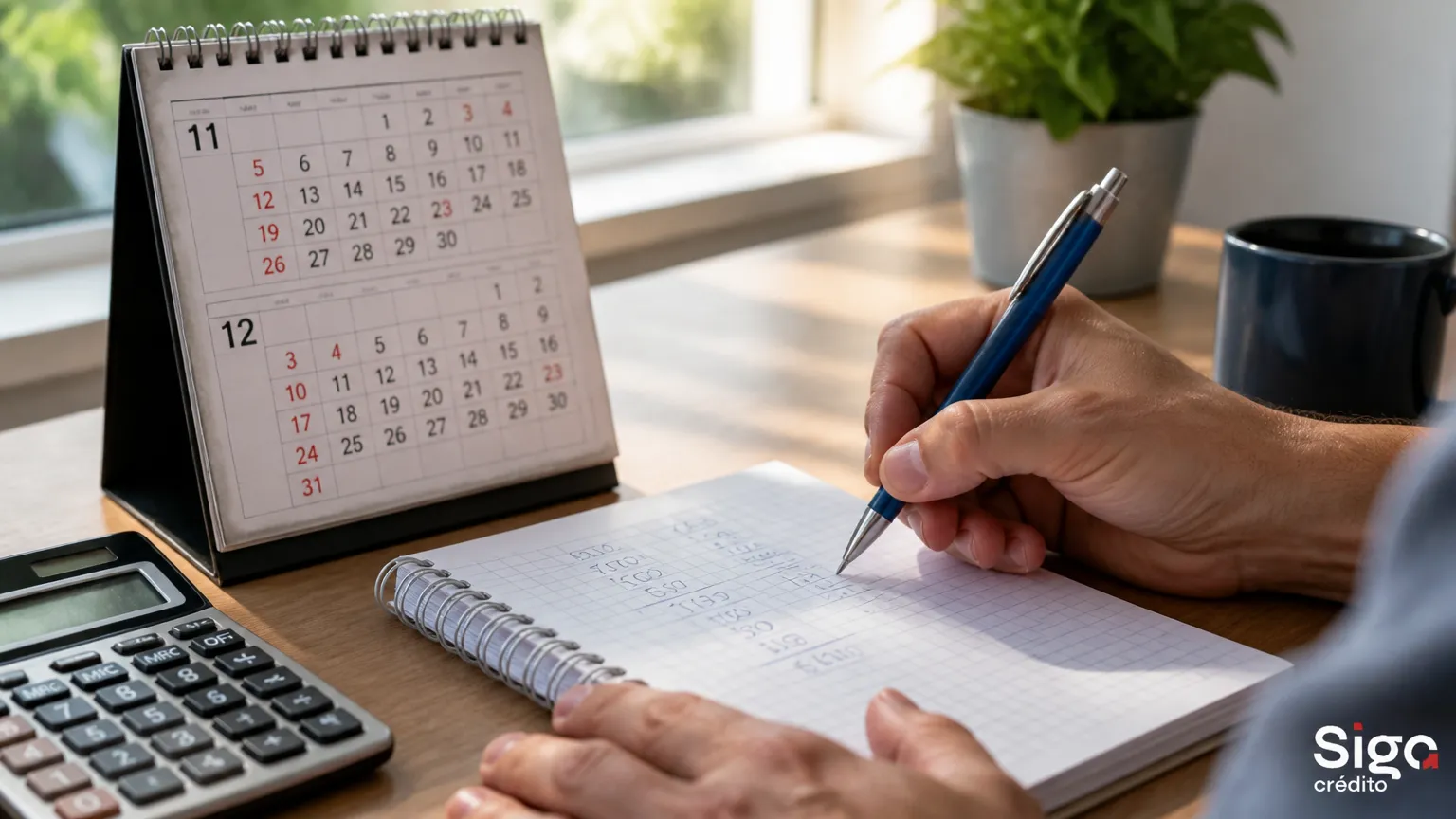 Pessoa calculando parcelas do décimo terceiro salário em caderno ao lado de calendário.