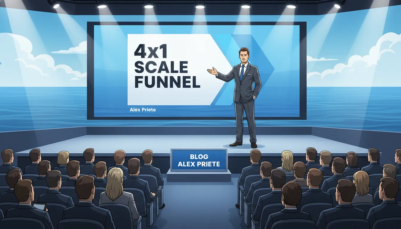 Empresário apresentando um Webinar sobre o Funil de Escala 4x1, com o oceano azul ao fundo, representando a estratégia de mercado da consultoria Alex Priete; Funil de Webinar.