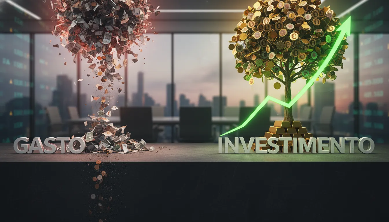 Contraste visual de vídeo como gasto versus investimento, mostrando o ROI positivo no orçamento de vídeo empresarial.
